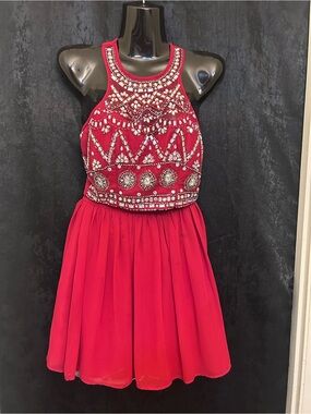 B Darlin Red Beaded Halter Party Dress for Girls